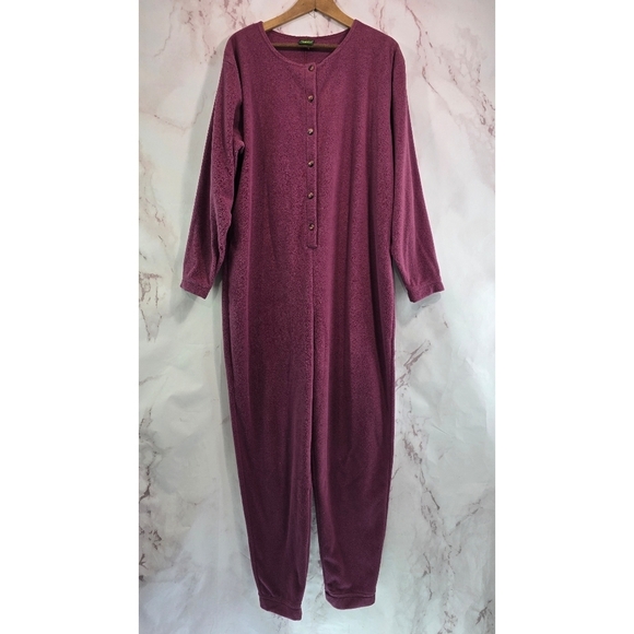 Cabelas Pajamas Womens XL Purple One Piece Jumpsuit Union Button Fleece